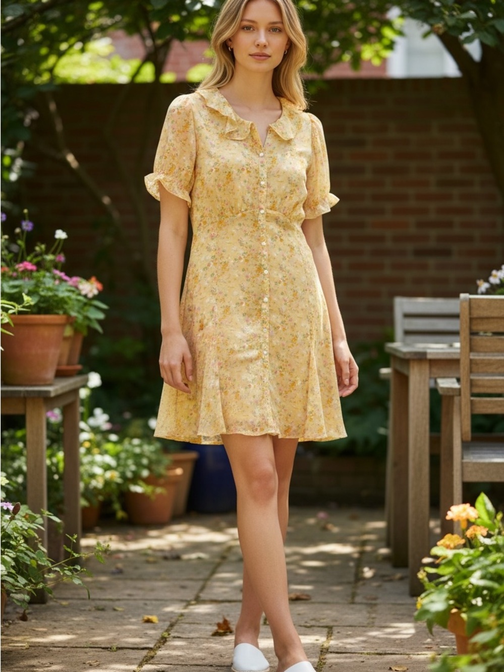 LOFT Yellow Floral Cottagecore Mini Dress